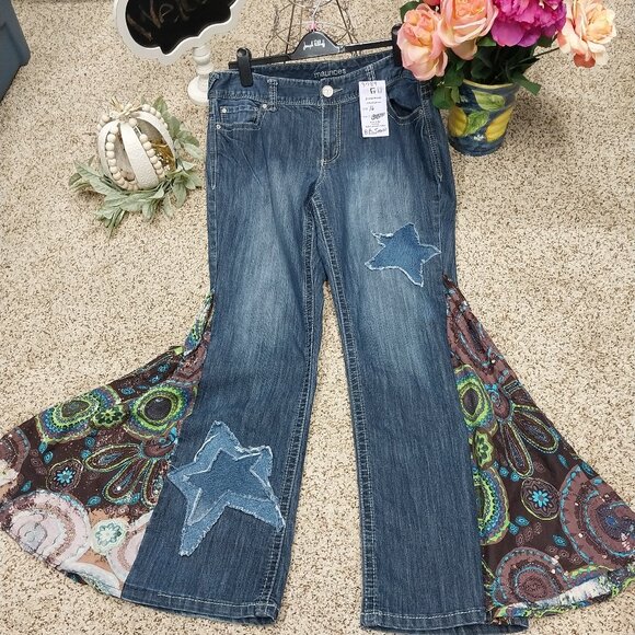 Handmade Denim - 3789 Size 16 Upcycled Maurices Bleach Dyed Bell-Bottom Jeans.